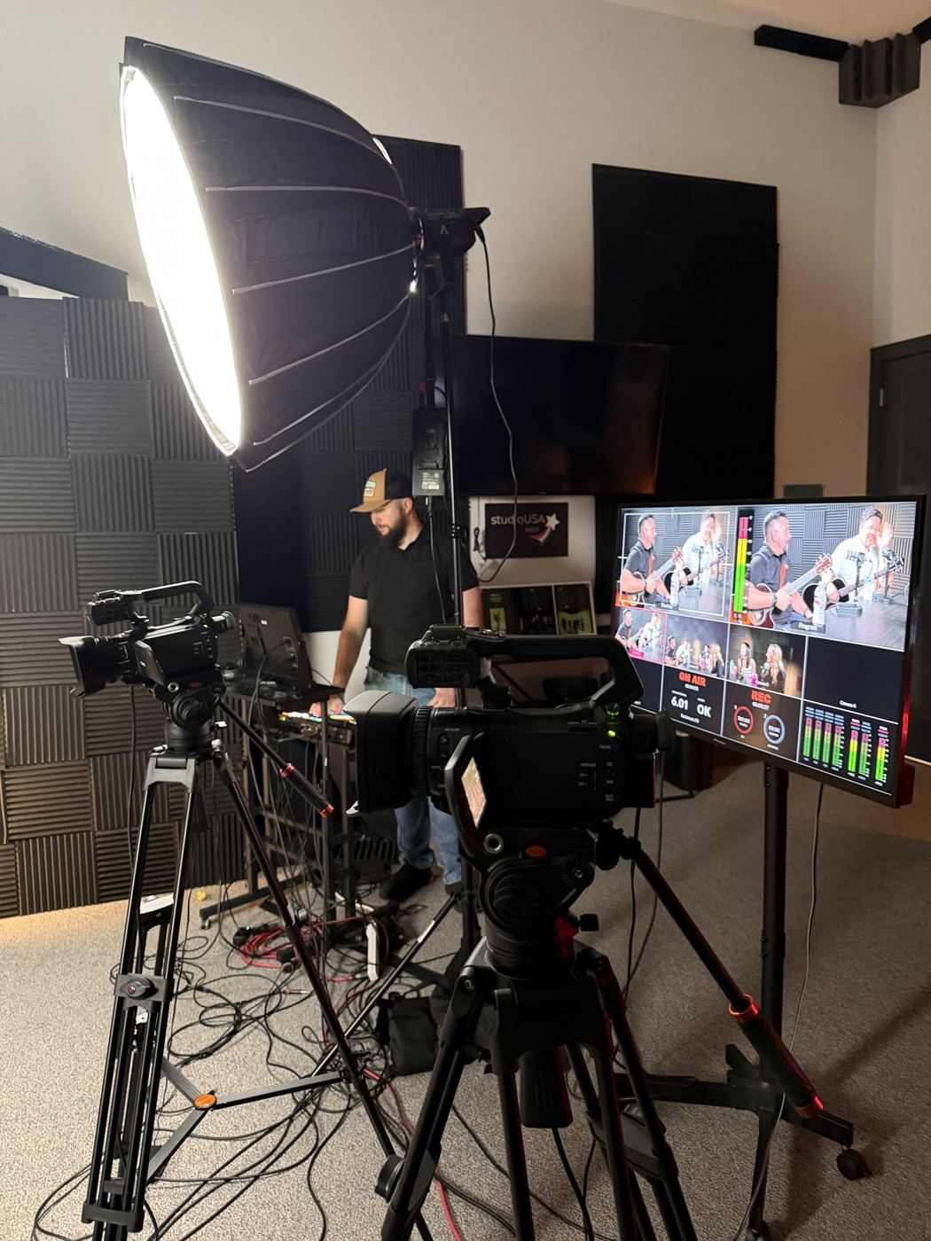 Production desk at studioUSA West with monitors and cameras